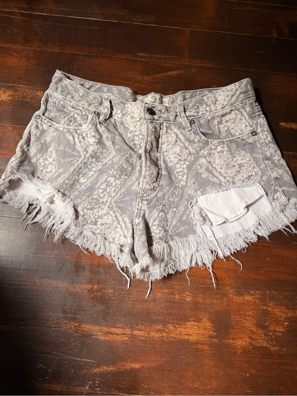 We The Free Light Gray Patterned Frayed Hem Jean Shorts